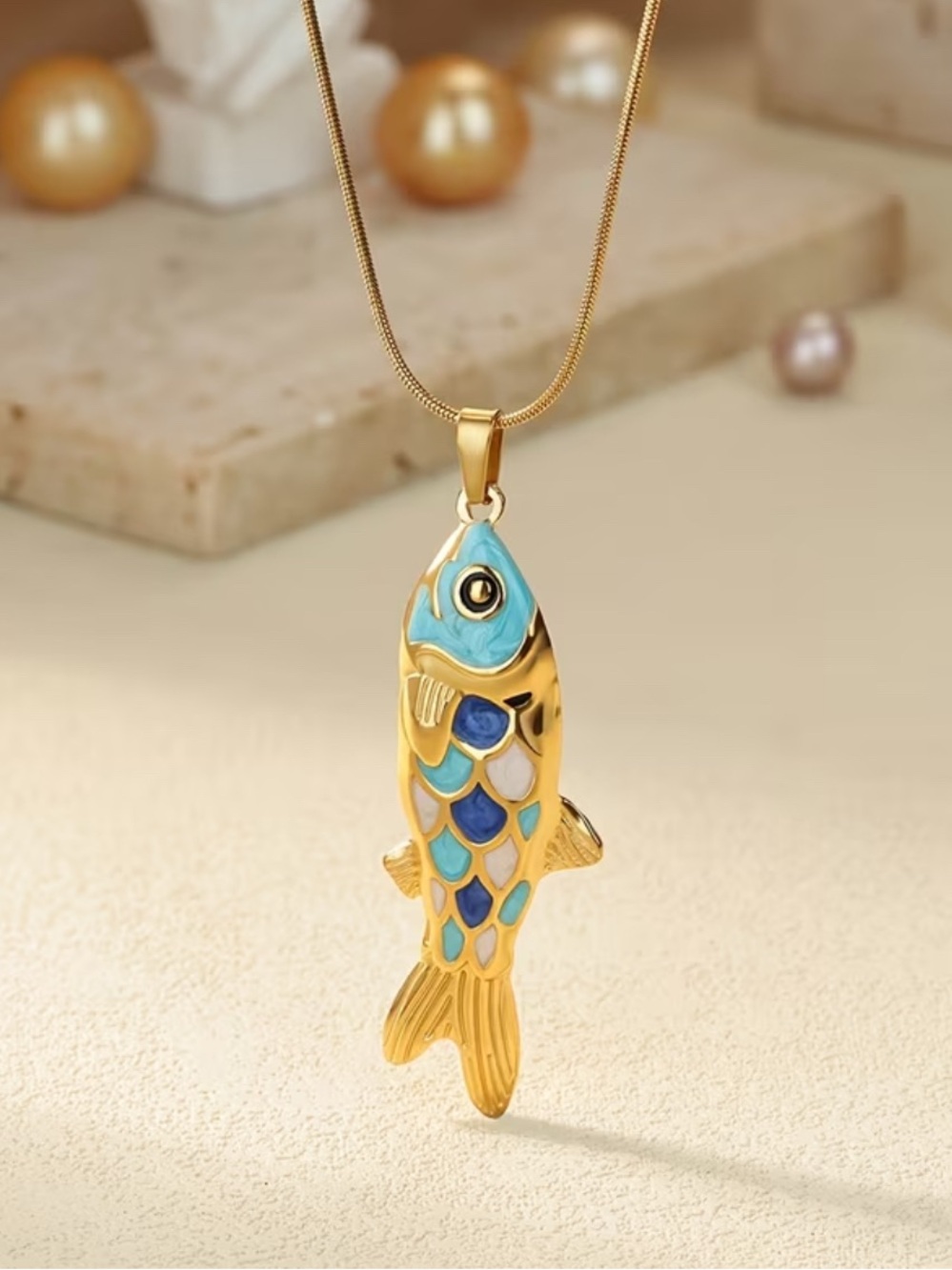 Gold Blue Enamel Fish Pendant Necklace - Stylish Pet Fish Charm